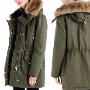 J. Crew Perfect Parka w Faux Fir Trim